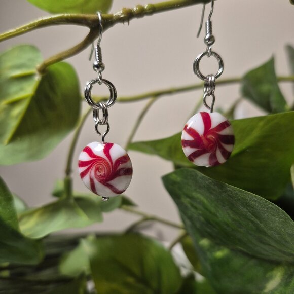 Handmade Peppermint Earrings with Glass Peppermint Beads - Picture 2 of 5